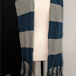 Striped Blue and Gray Scarf with Fringe